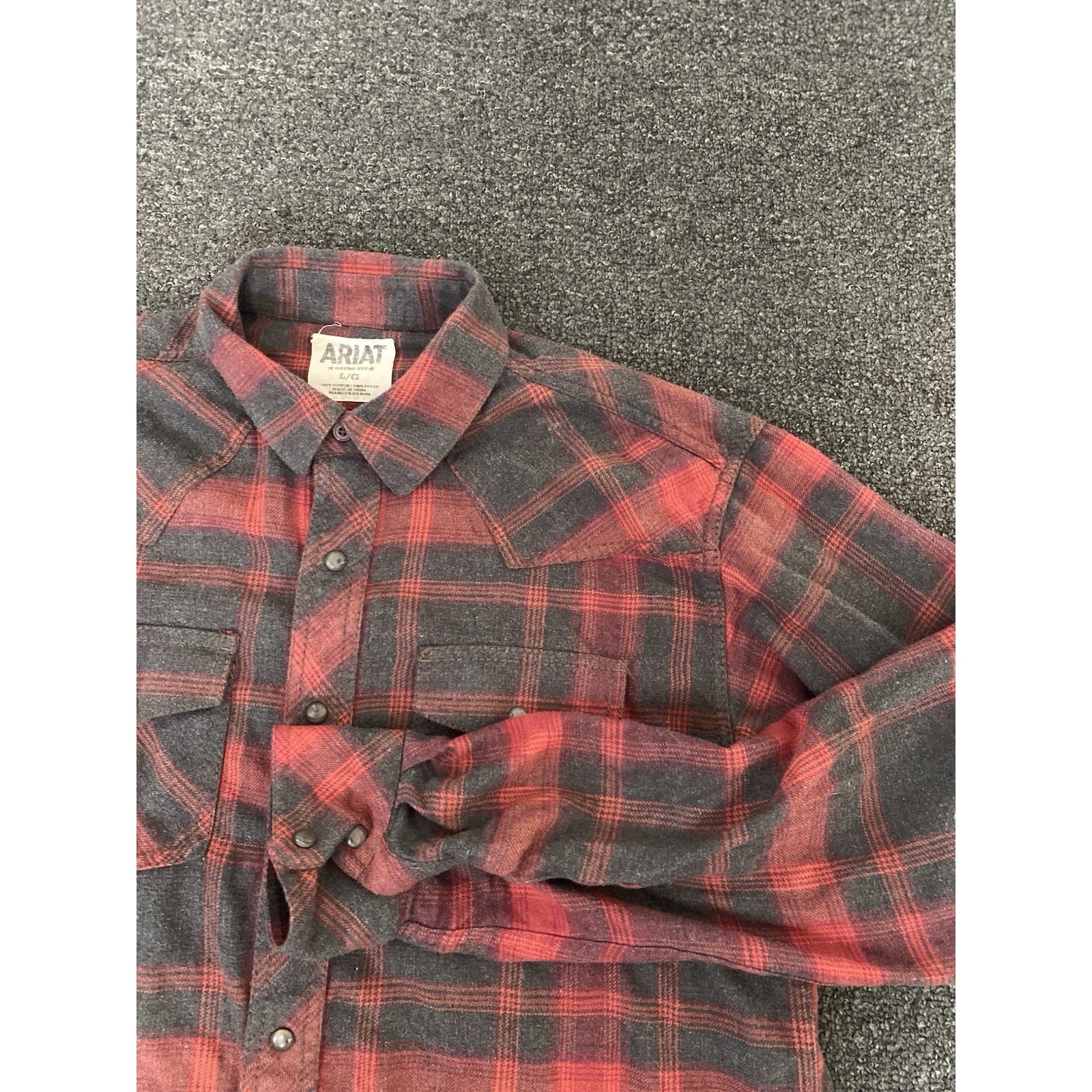 Ariat Retro Fit Pearl Snap Shirt Red/Black Plaid Mens Large Cowboy Rodeo Rugged